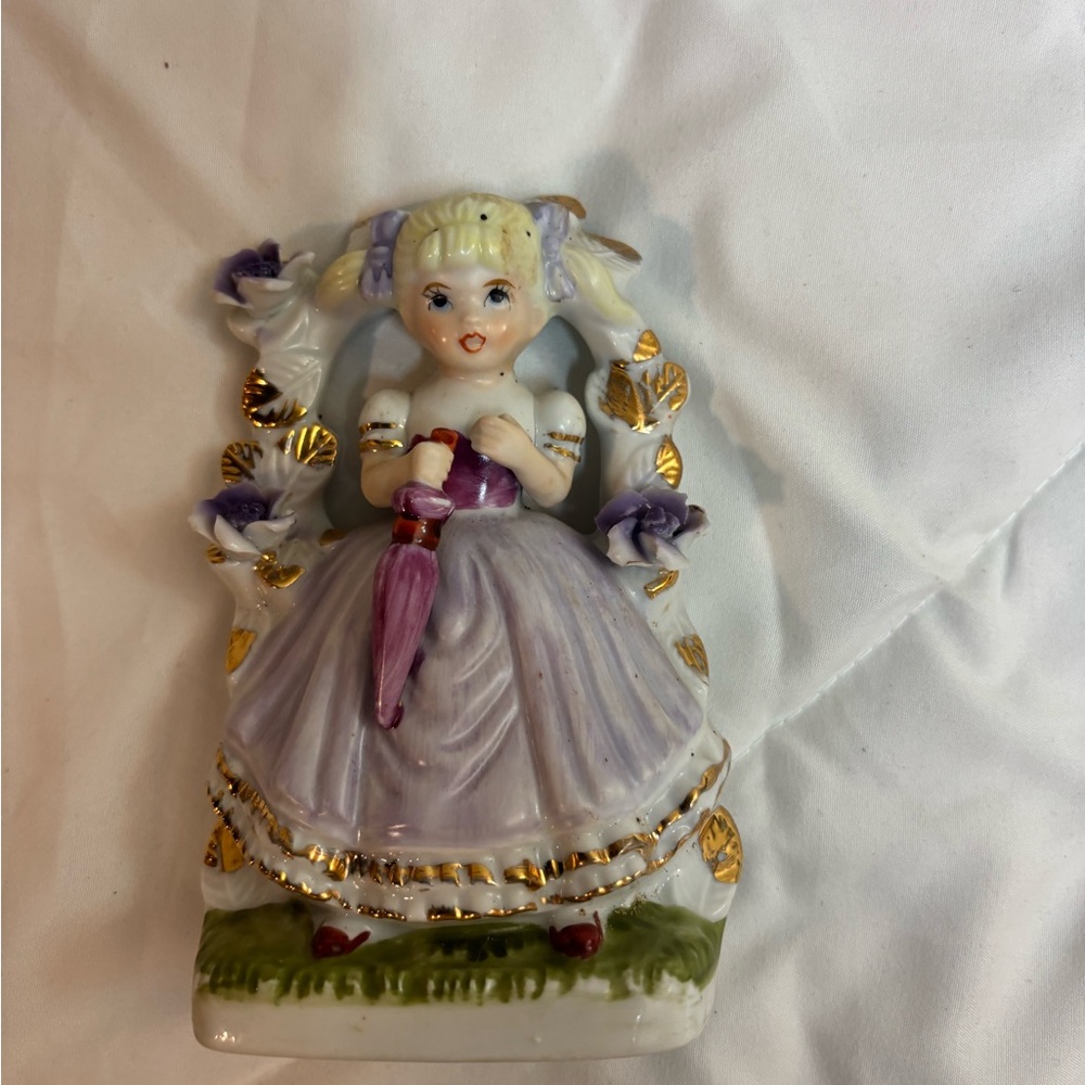 Vintage Girl Under Trellis Figurine Southern Belle Lavendar Dress Ceramic Decor